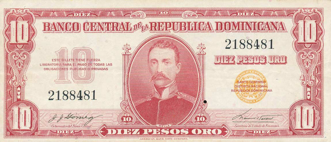 Front of Dominican Republic p93a: 10 Pesos Oro from 1962