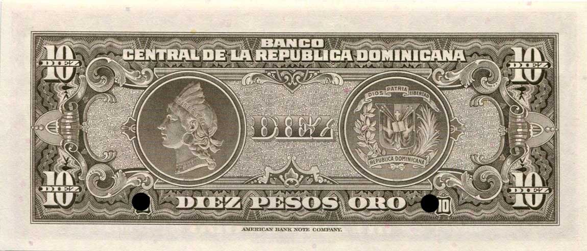 Back of Dominican Republic p93s: 10 Pesos Oro from 1962