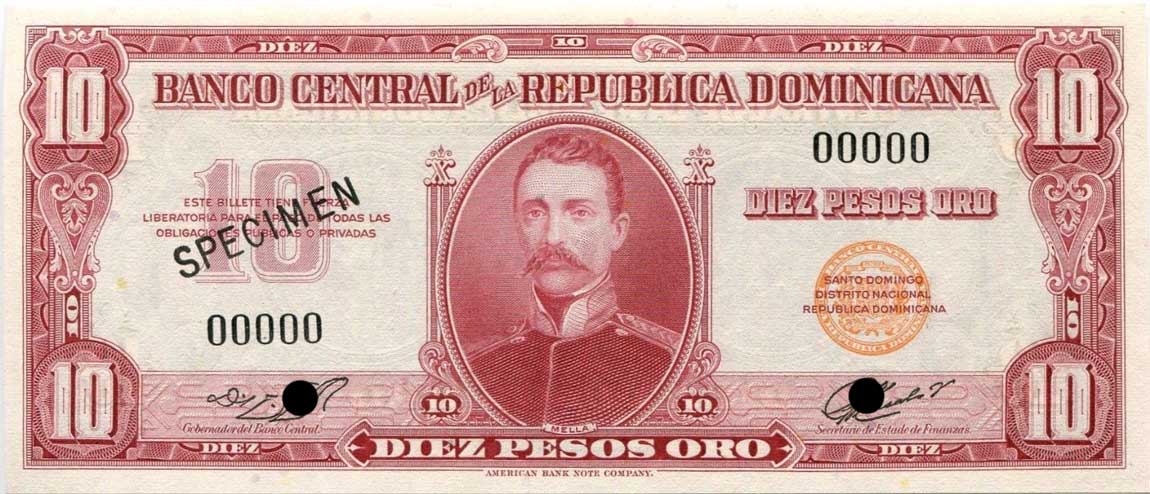 Front of Dominican Republic p93s: 10 Pesos Oro from 1962