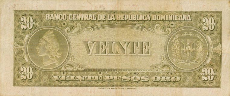 Back of Dominican Republic p94a: 20 Pesos Oro from 1962