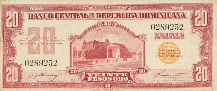 Front of Dominican Republic p94a: 20 Pesos Oro from 1962