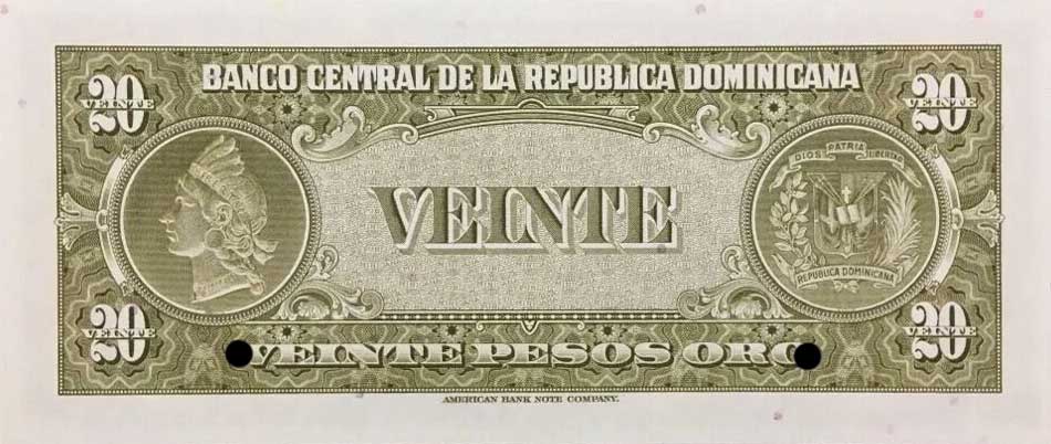 Back of Dominican Republic p94s: 20 Pesos Oro from 1962