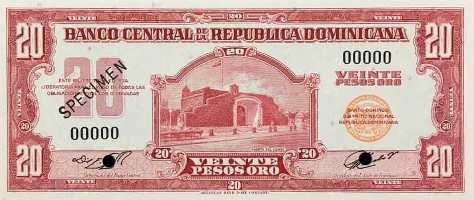 Front of Dominican Republic p94s: 20 Pesos Oro from 1962