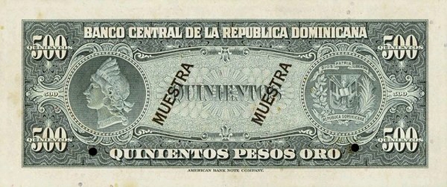 Back of Dominican Republic p97s: 500 Pesos Oro from 1962