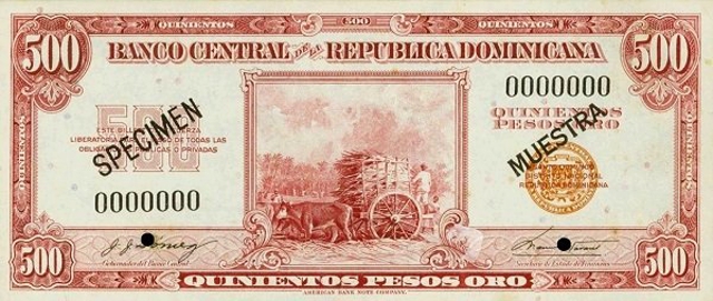 Front of Dominican Republic p97s: 500 Pesos Oro from 1962