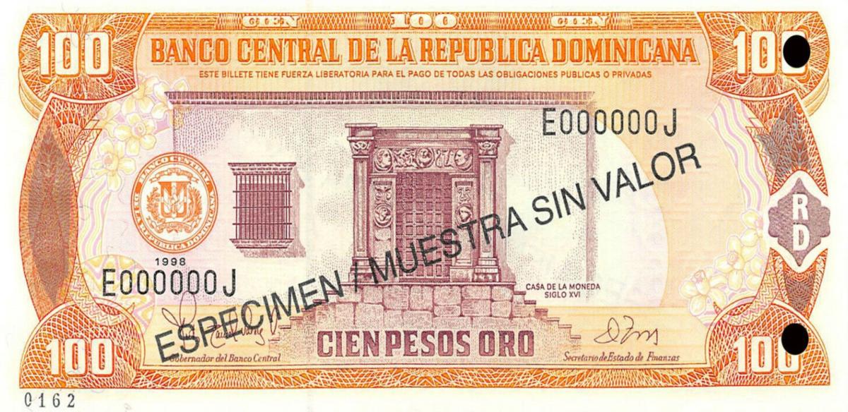 Front of Dominican Republic p156s2: 100 Pesos Oro from 1998