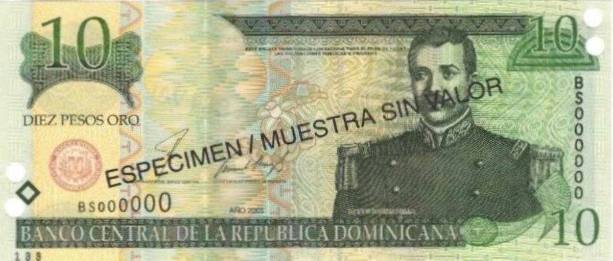 Front of Dominican Republic p165s2: 10 Pesos Oro from 2001