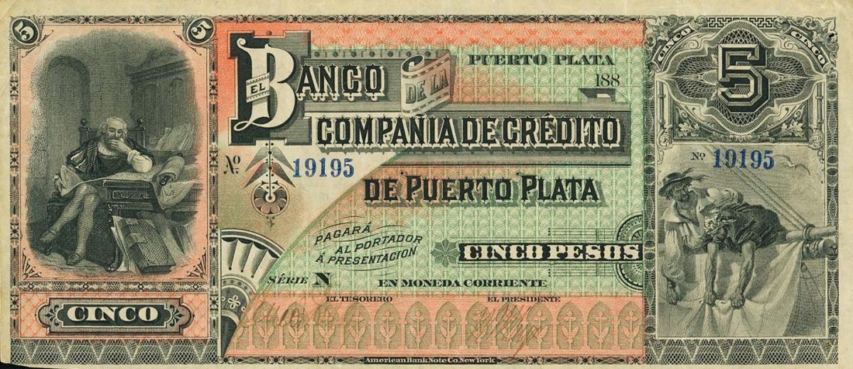 Front of Dominican Republic pS105r: 5 Pesos from 1880