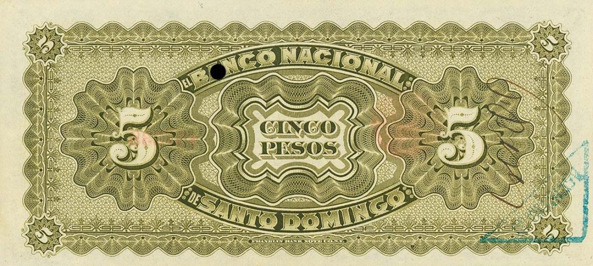 Back of Dominican Republic pS133: 5 Pesos from 1889