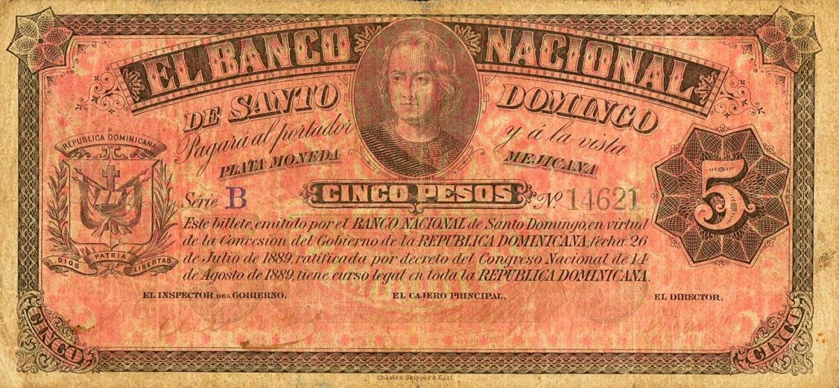 Front of Dominican Republic pS143: 5 Pesos from 1889