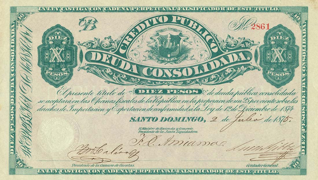 Front of Dominican Republic pS162: 10 Pesos from 1875