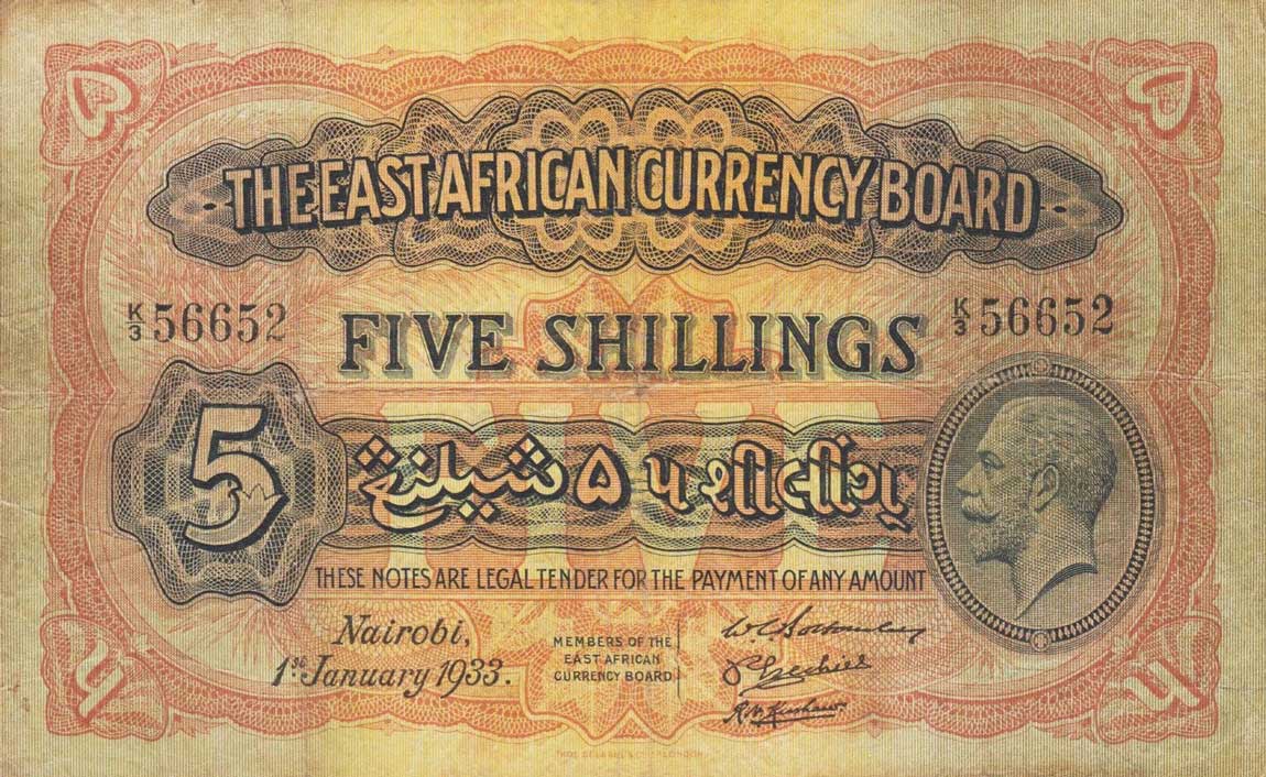 Front of East Africa p13a: 5 Shillings from 1921