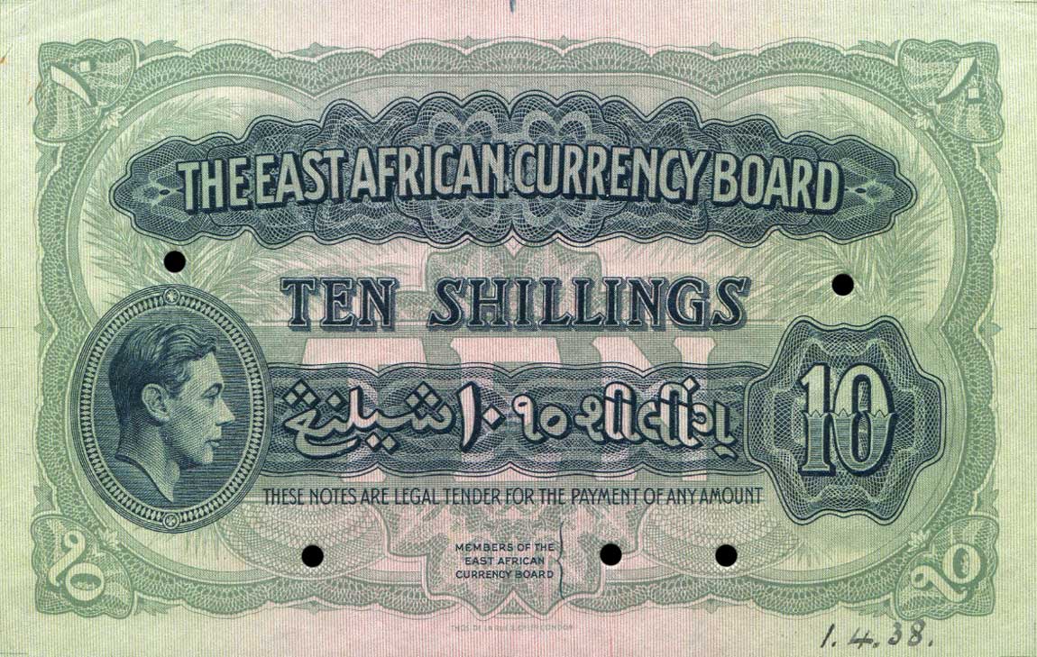 Front of East Africa p26Bs: 10 Shillings from 1939