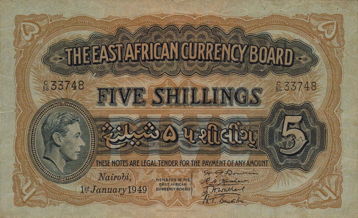 Front of East Africa p28b: 5 Shillings from 1943