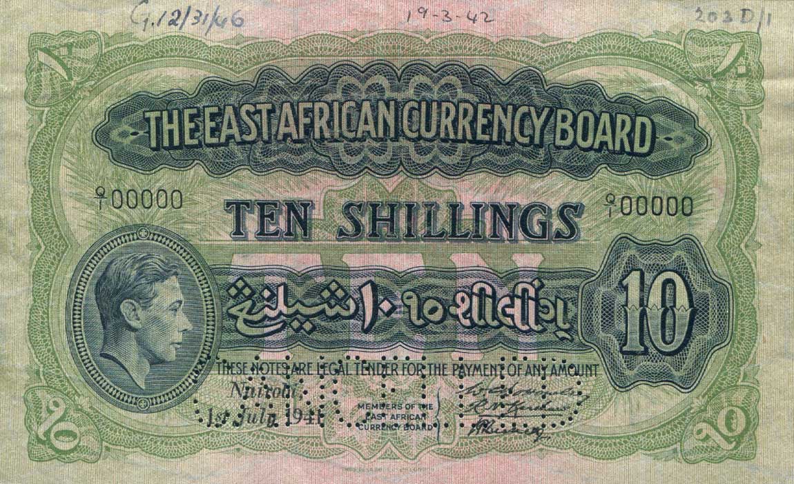 Front of East Africa p29s1: 10 Shillings from 1938