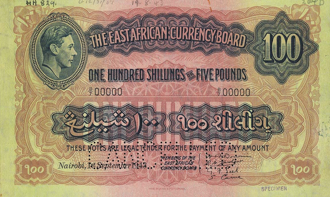 Front of East Africa p31s: 100 Shillings from 1938
