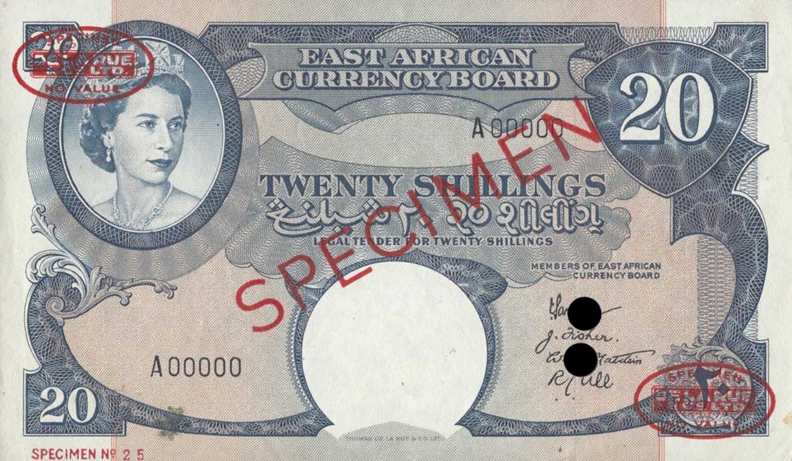 Front of East Africa p39s: 20 Shillings from 1958
