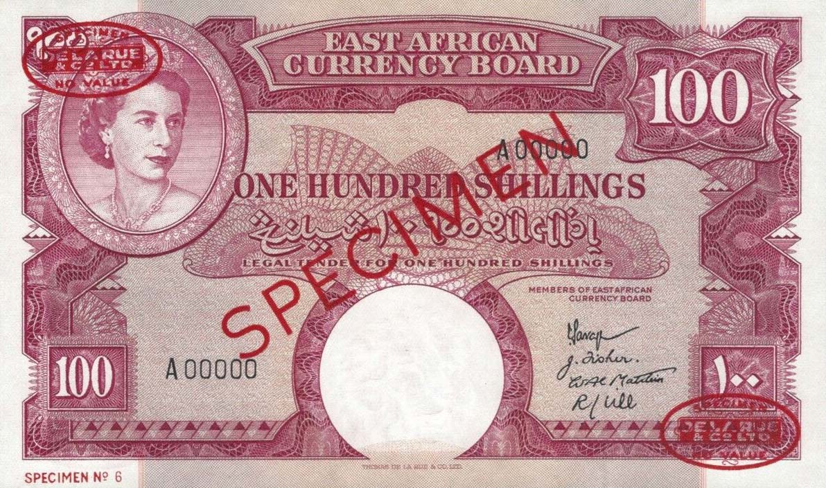 Front of East Africa p40s: 100 Shillings from 1958