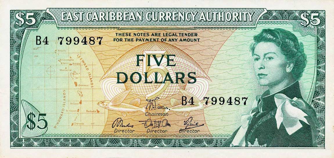 Front of East Caribbean States p14e: 5 Dollars from 1965