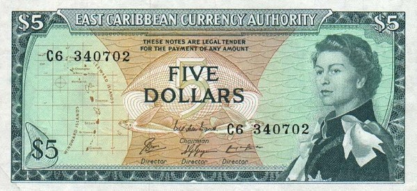 Front of East Caribbean States p14g: 5 Dollars from 1965