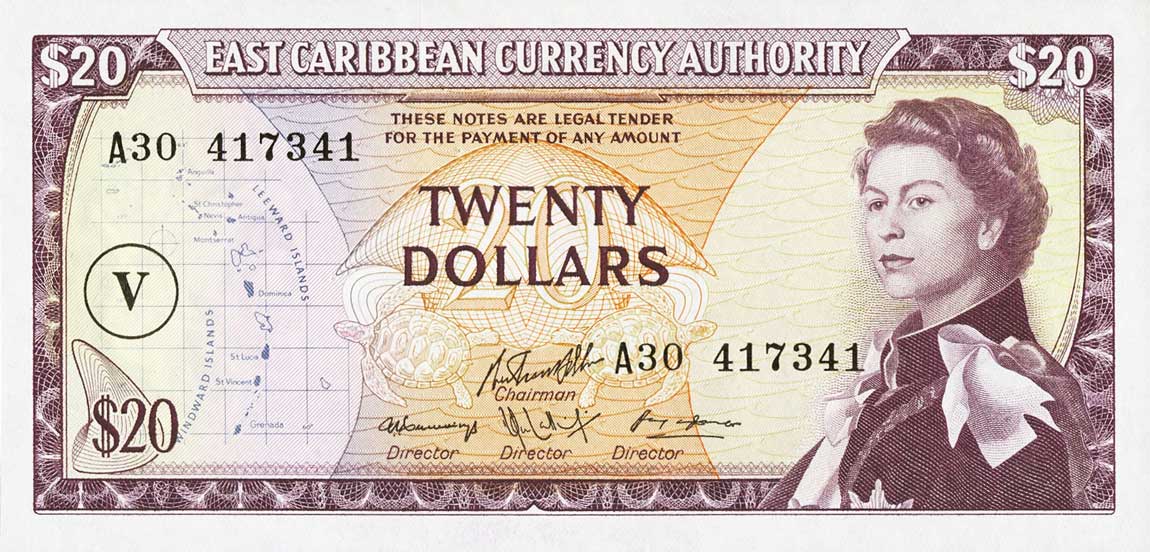 Front of East Caribbean States p15o: 20 Dollars from 1965