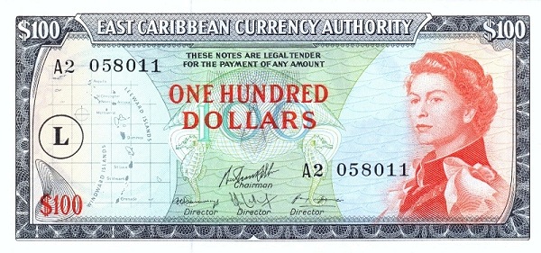 Front of East Caribbean States p16k: 100 Dollars from 1965