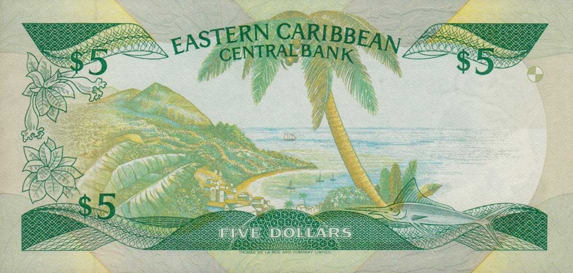 Back of East Caribbean States p18d: 5 Dollars from 1986