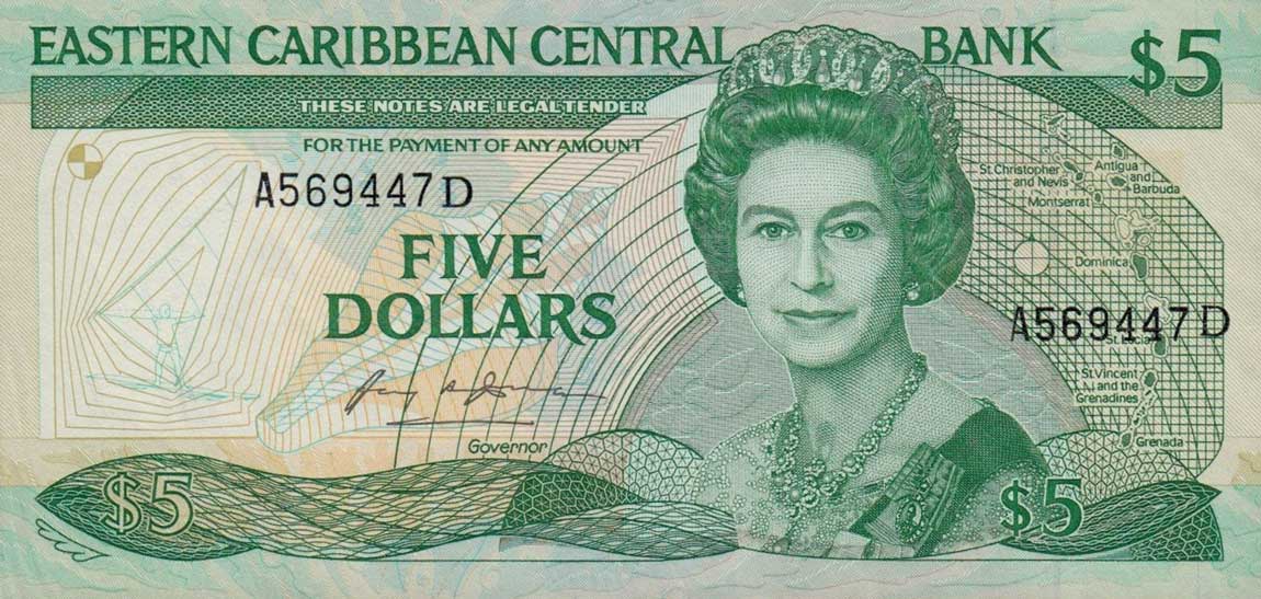 Front of East Caribbean States p18d: 5 Dollars from 1986