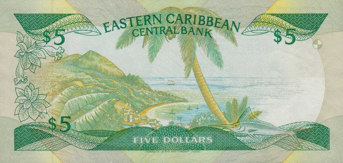 Back of East Caribbean States p18g: 5 Dollars from 1986