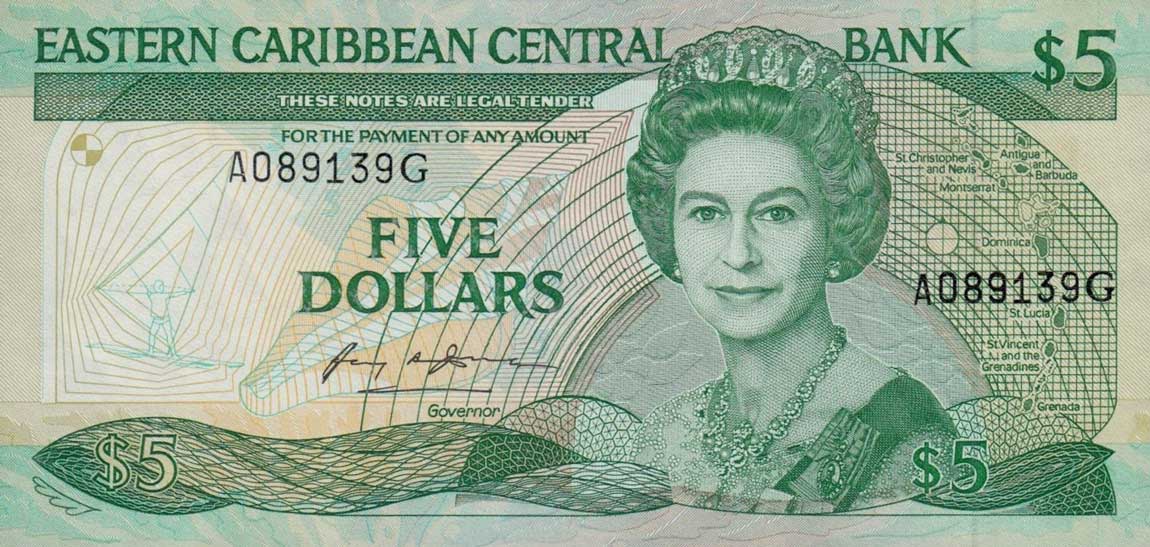 Front of East Caribbean States p18g: 5 Dollars from 1986