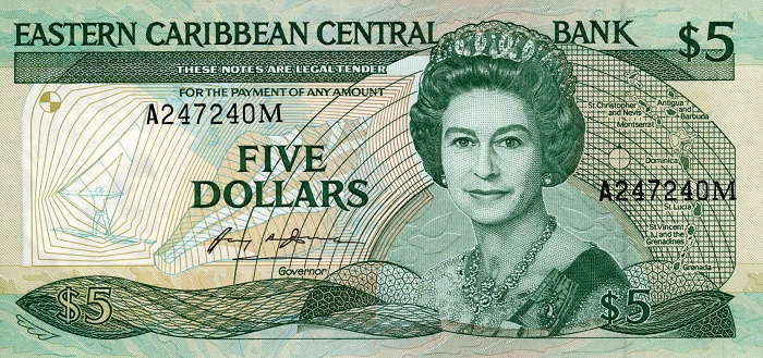 Front of East Caribbean States p18m: 5 Dollars from 1986