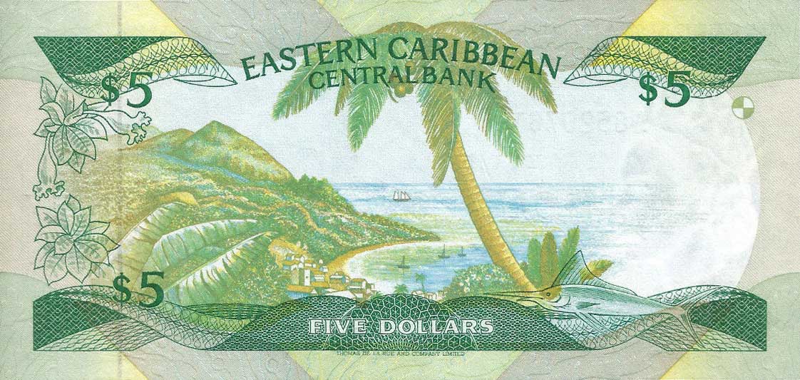 Back of East Caribbean States p18v: 5 Dollars from 1986