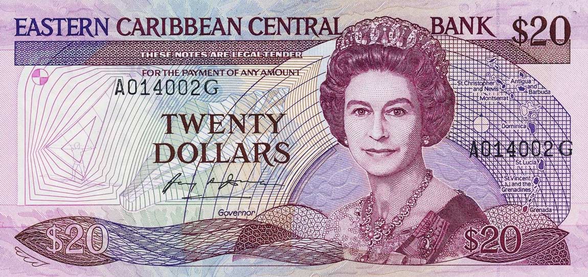 Front of East Caribbean States p19g: 20 Dollars from 1987