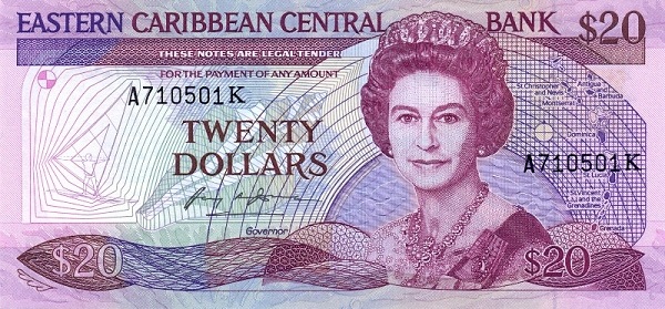 Front of East Caribbean States p19k: 20 Dollars from 1987