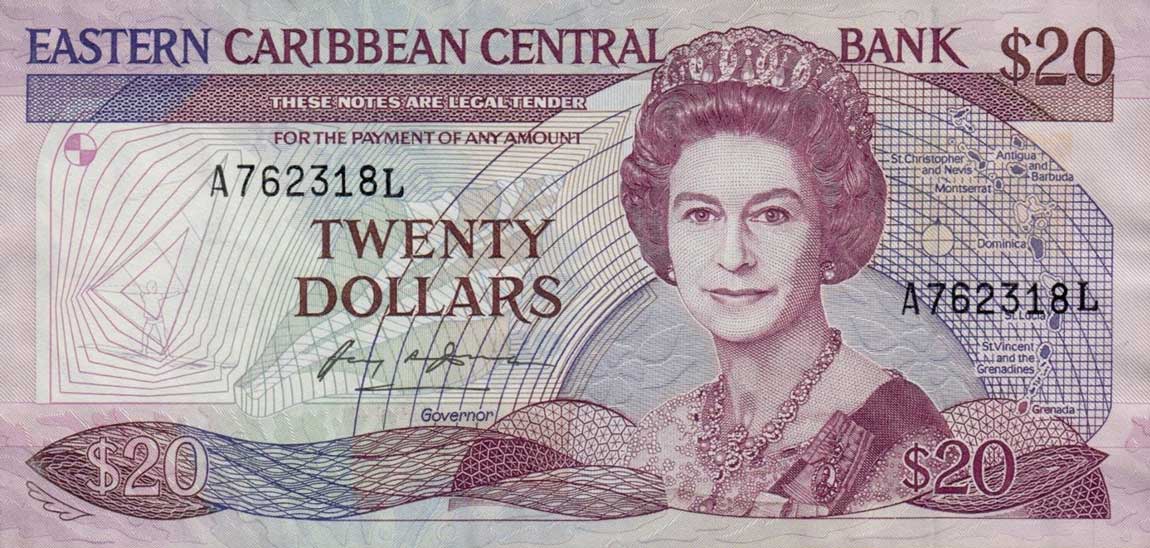 Front of East Caribbean States p19l: 20 Dollars from 1987