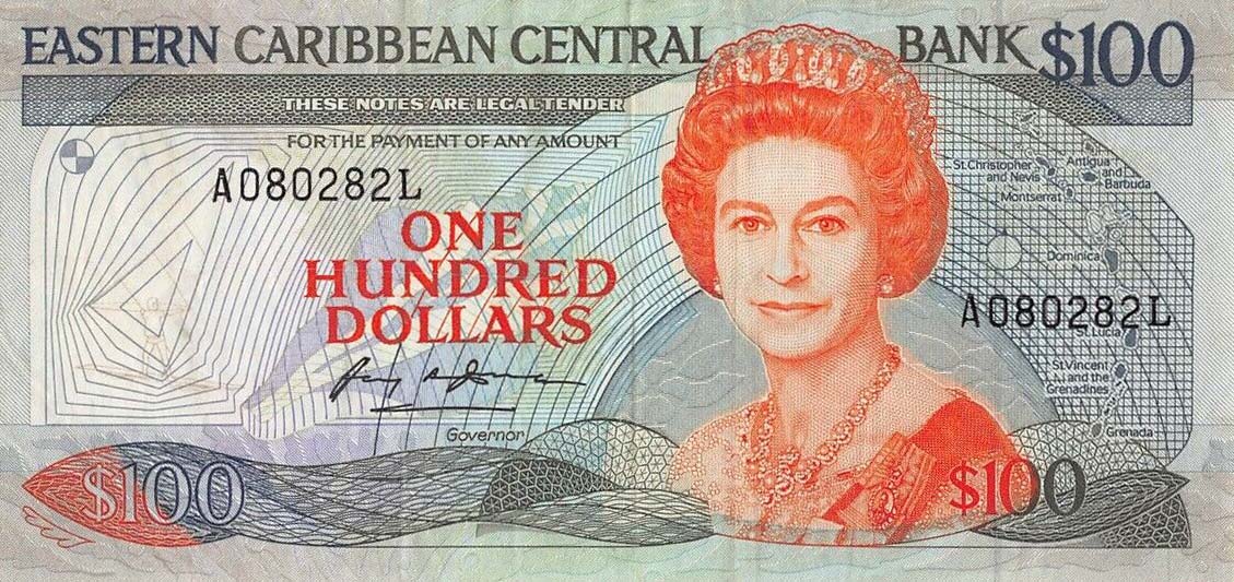 Front of East Caribbean States p20l: 100 Dollars from 1986