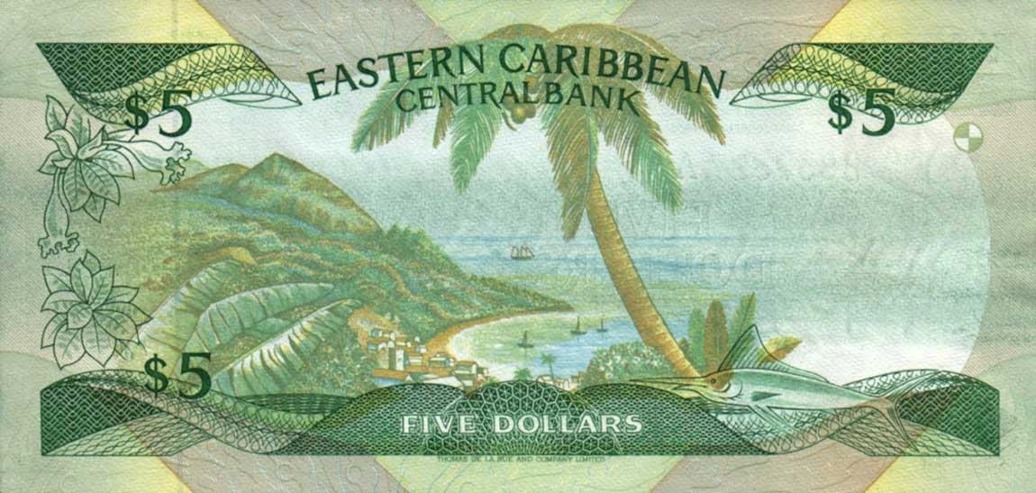 Back of East Caribbean States p22a2: 5 Dollars from 1988