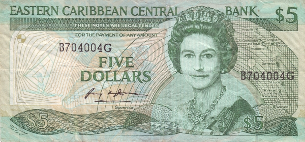 Front of East Caribbean States p22g1: 5 Dollars from 1988