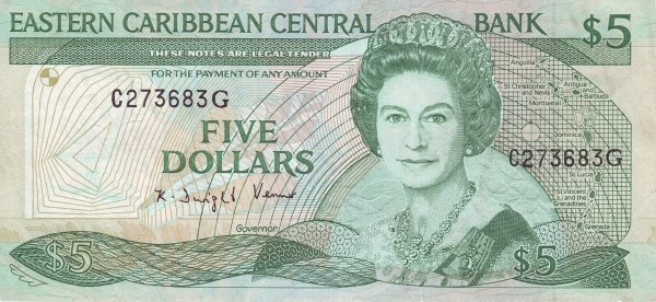 Front of East Caribbean States p22g2: 5 Dollars from 1988