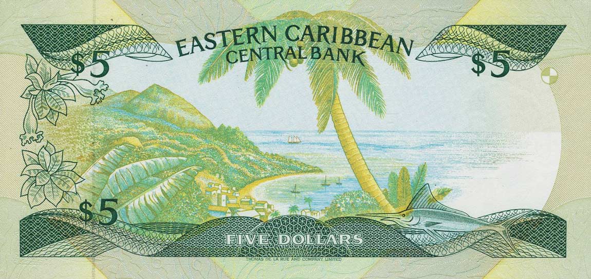 Back of East Caribbean States p22k1: 5 Dollars from 1988