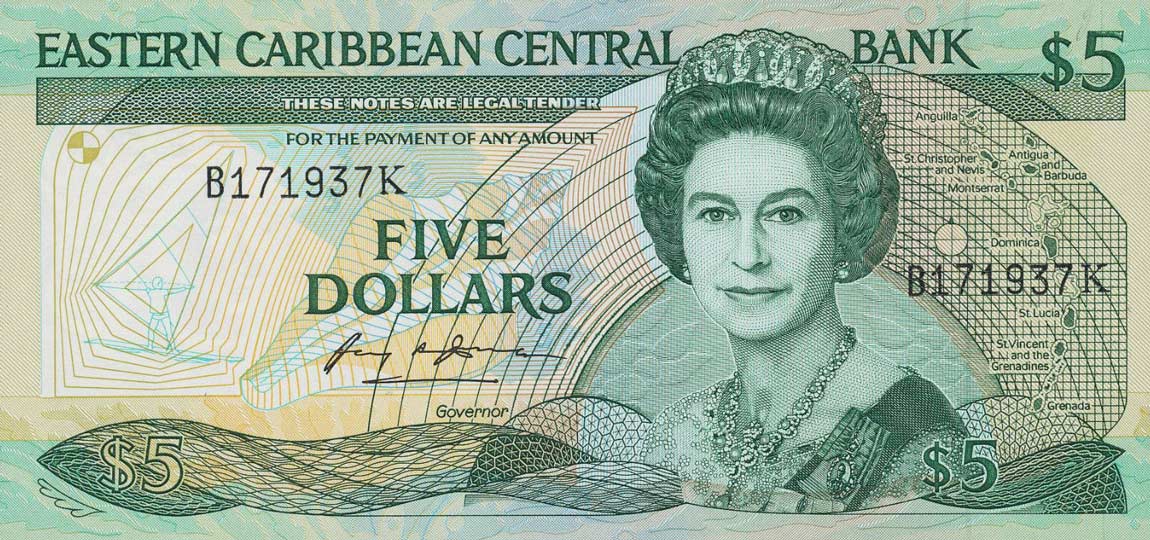 Front of East Caribbean States p22k1: 5 Dollars from 1988