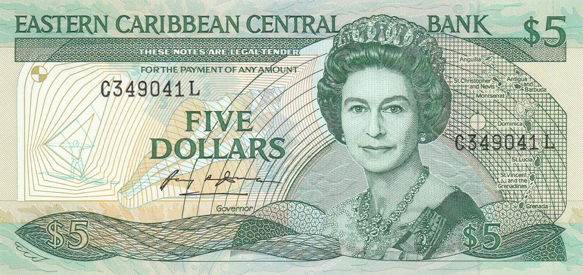 Front of East Caribbean States p22l1: 5 Dollars from 1988