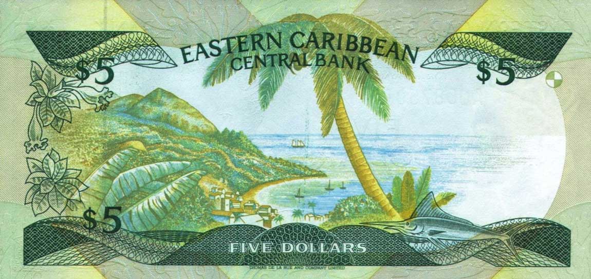 Back of East Caribbean States p22u: 5 Dollars from 1988