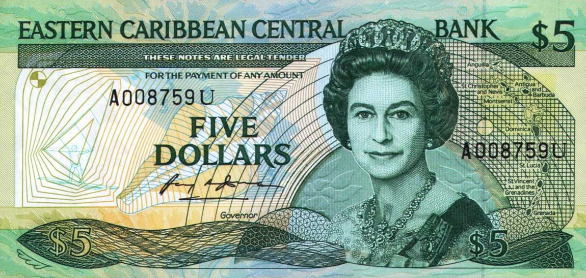 Front of East Caribbean States p22u: 5 Dollars from 1988