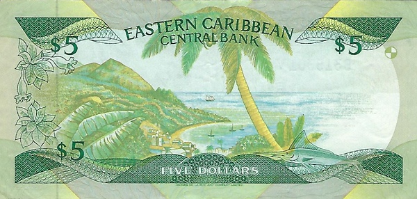 Back of East Caribbean States p22v1: 5 Dollars from 1988