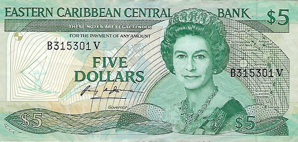 Front of East Caribbean States p22v1: 5 Dollars from 1988