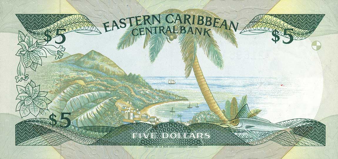 Back of East Caribbean States p22v2: 5 Dollars from 1988