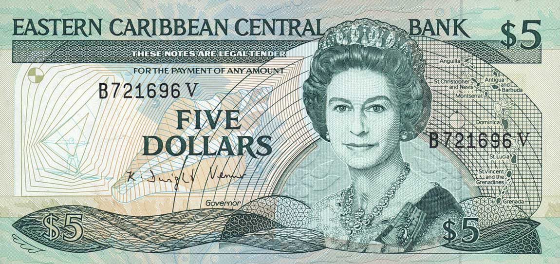 Front of East Caribbean States p22v2: 5 Dollars from 1988