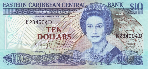 Front of East Caribbean States p23d2: 10 Dollars from 1985