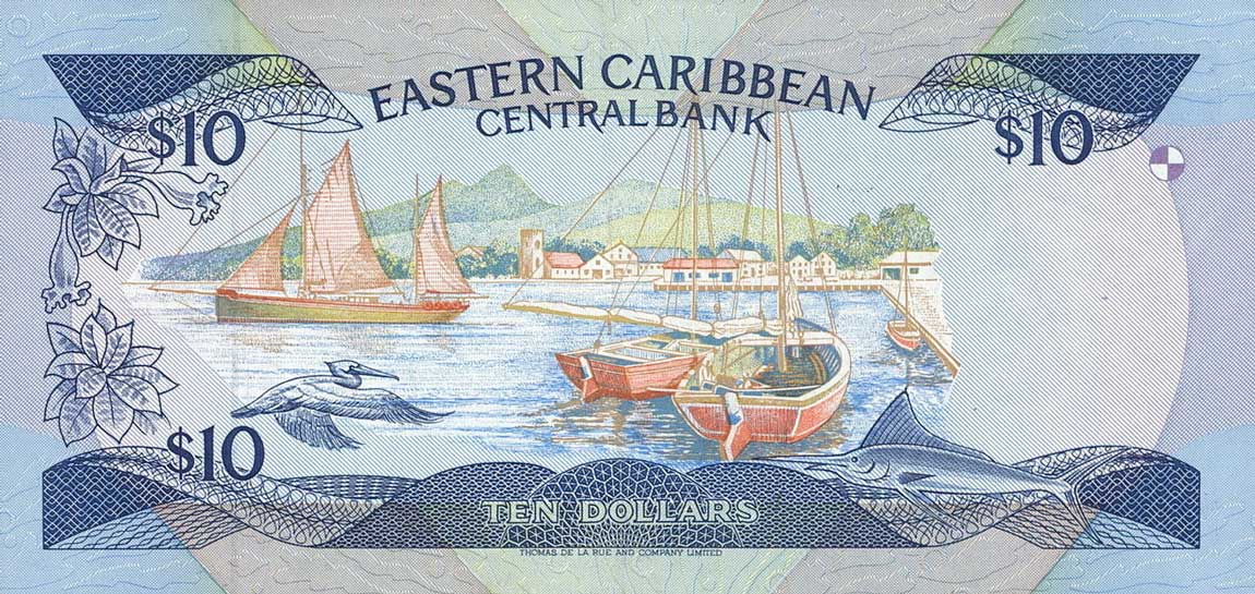 Back of East Caribbean States p23k2: 10 Dollars from 1985